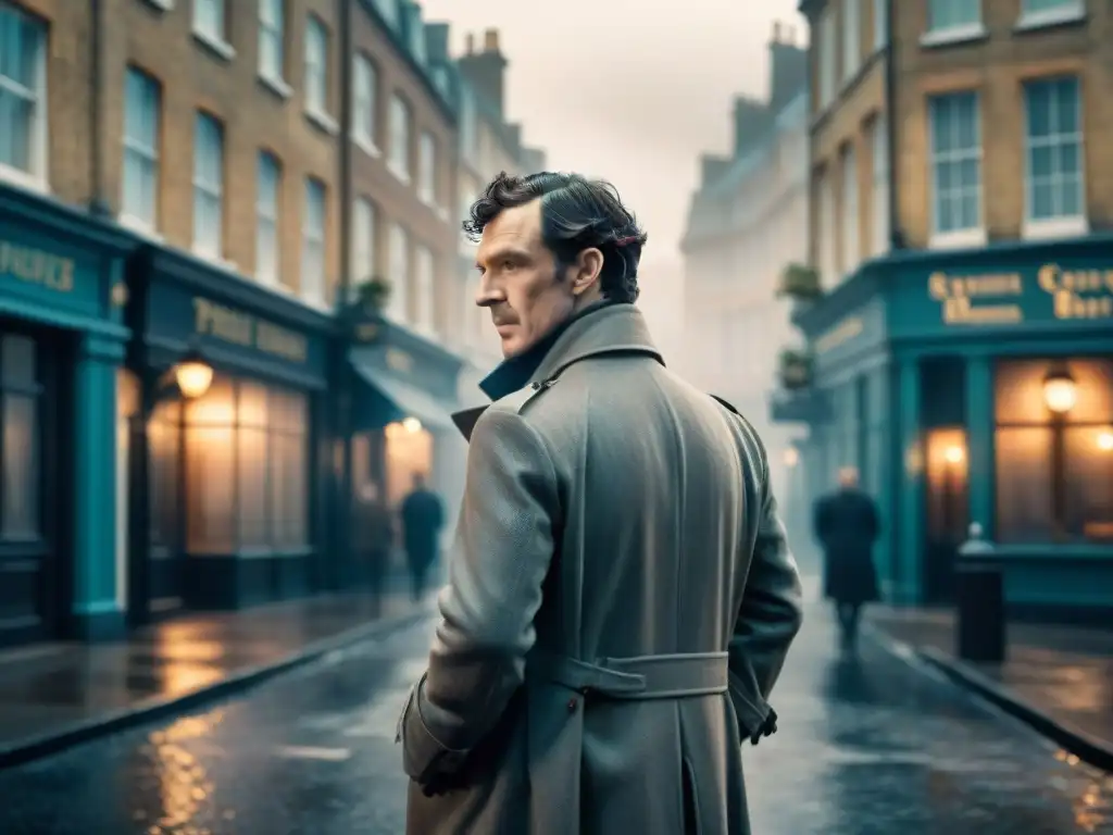 Sherlock Holmes de la serie 'Sherlock' con su mirada intensa, abrigo icónico y calles de Londres en la niebla