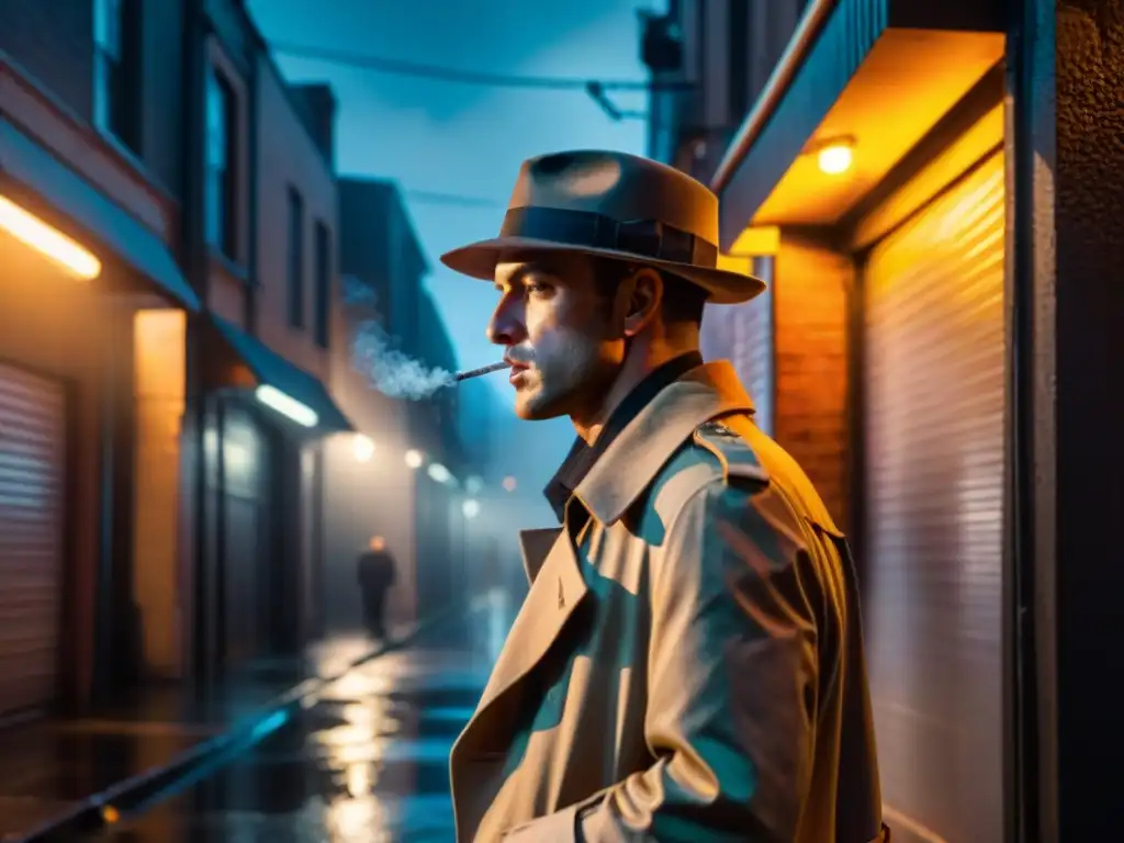 Shadowy figure fumando en un callejón lluvioso, iluminado por la luz de la calle