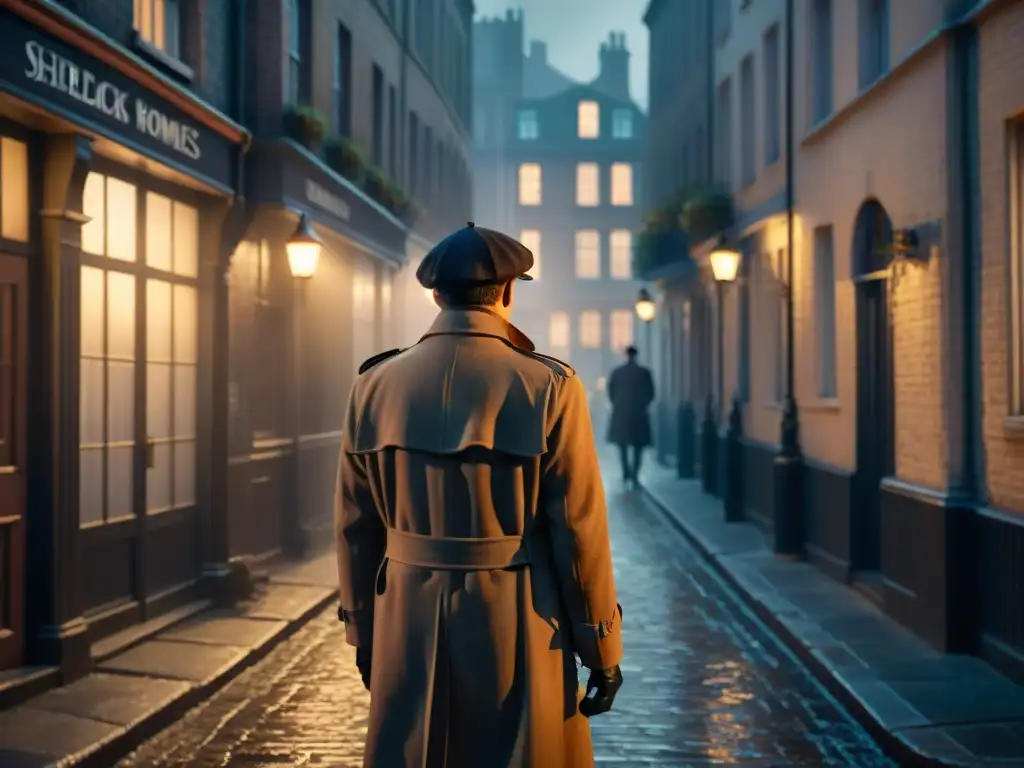 Sherlock modernizado en callejón nocturno, entre sombras y misterio