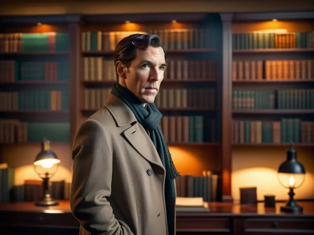 Sherlock temporada 2 análisis: Sherlock Holmes en estudio victoriano, con libros y lupa antigua, enigmático y lleno de misterio