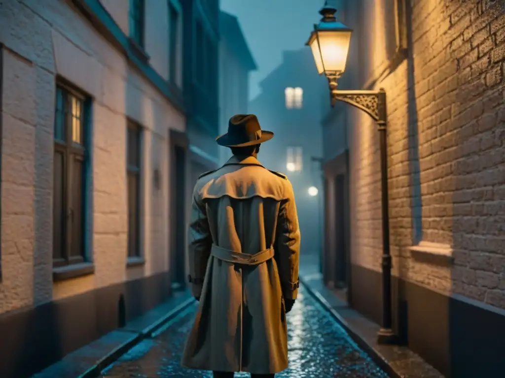 Silueta en callejón nocturno, figura misteriosa bajo farola, edificio oscuro al fondo