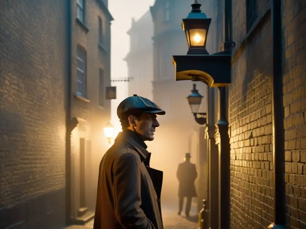 Silueta de Sherlock Holmes en un callejón oscuro, con una lámpara de calle antigua proyectando sombras dramáticas