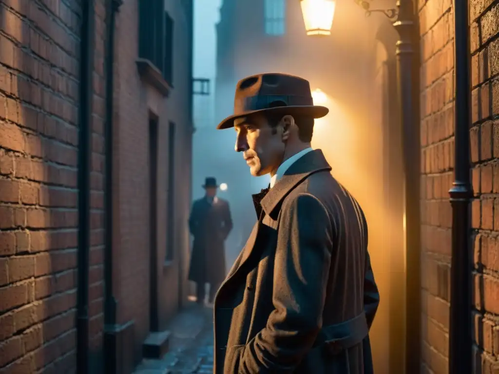 Silueta de Sherlock Holmes en un callejón sombrío, con sombrero y pipa, evocando el género detectivesco en medios