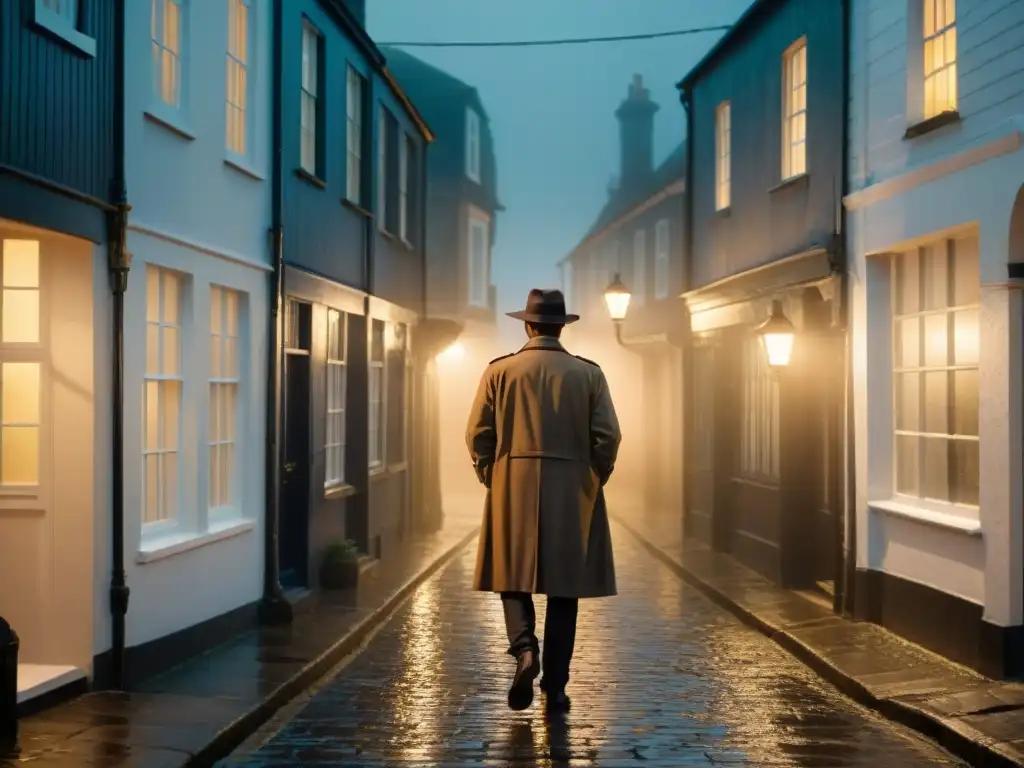 Silueta de detective en callejón costero de 'Broadchurch', con luz tenue y determinación