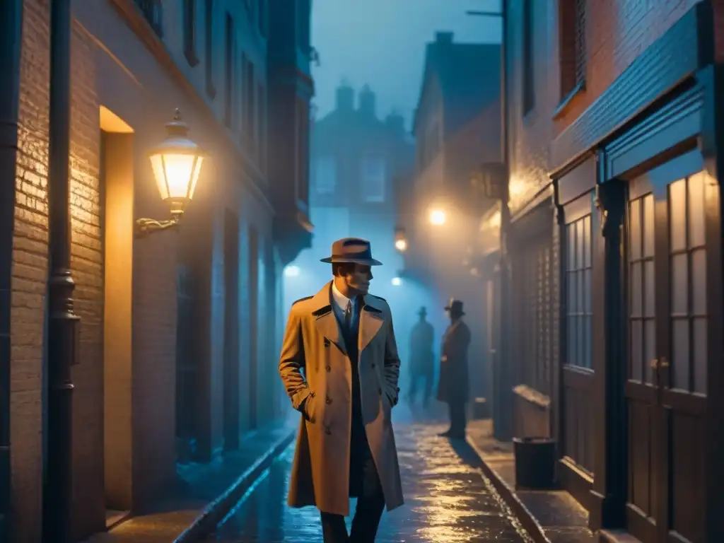 Silueta de detective en callejón nocturno, bajo luz de farola