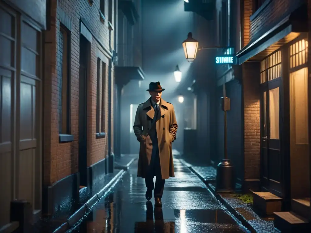 Noche de misterio: detective en la oscuridad Silueta de detective en un callejón oscuro, bajo la luz de farola en escena de noir clásico detectives análisis