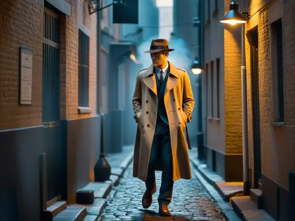 Detective misterioso fumando en callejón oscuro Silueta de detective fumando en callejón oscuro, evocando atmósfera noir de la evolución detective privado televisión