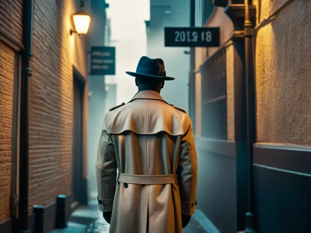 Silueta de detective en un callejón oscuro, iluminado por farola distante