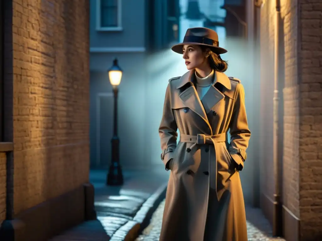 Silueta de detective en callejón oscuro, con sombrero y gabardina, iluminada por farola
