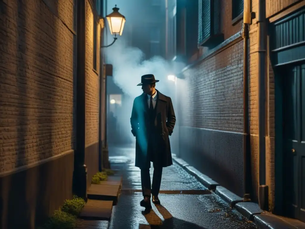 Silueta de detective en callejón oscuro iluminado por farola, evocando misterio y el estilo de Detectives icónicos cine televisión