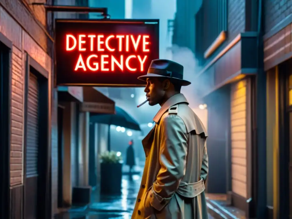Silueta de detective bajo letrero de 'Detective Agency' en callejón lluvioso