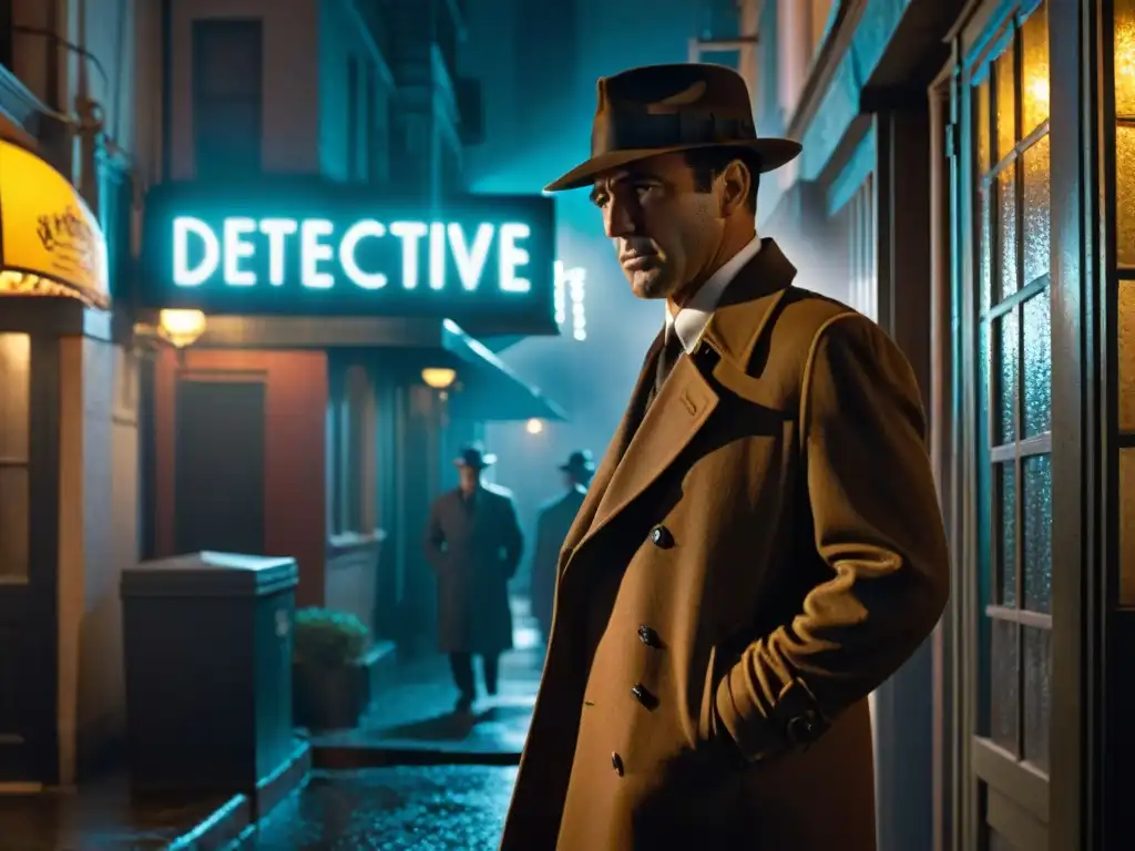 Silueta de detective bajo neón en callejón sombrío, evocando a Philip Marlowe cine negro