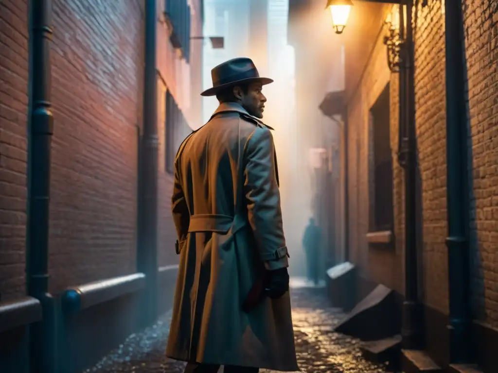 Silueta de detective en sombrío callejón, iluminado por farola, en escena de cine noir