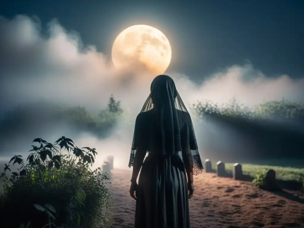 La silueta fantasmal de La Llorona llorando en la noche, en un estilo Noir, evoca la mitología de La Llorona en cine