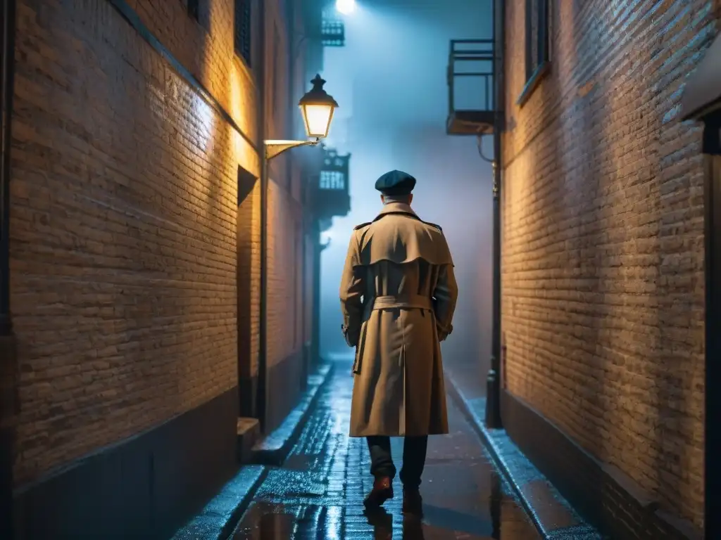 Silueta misteriosa en callejón lluvioso, atmosfera de noir en blanco y negro