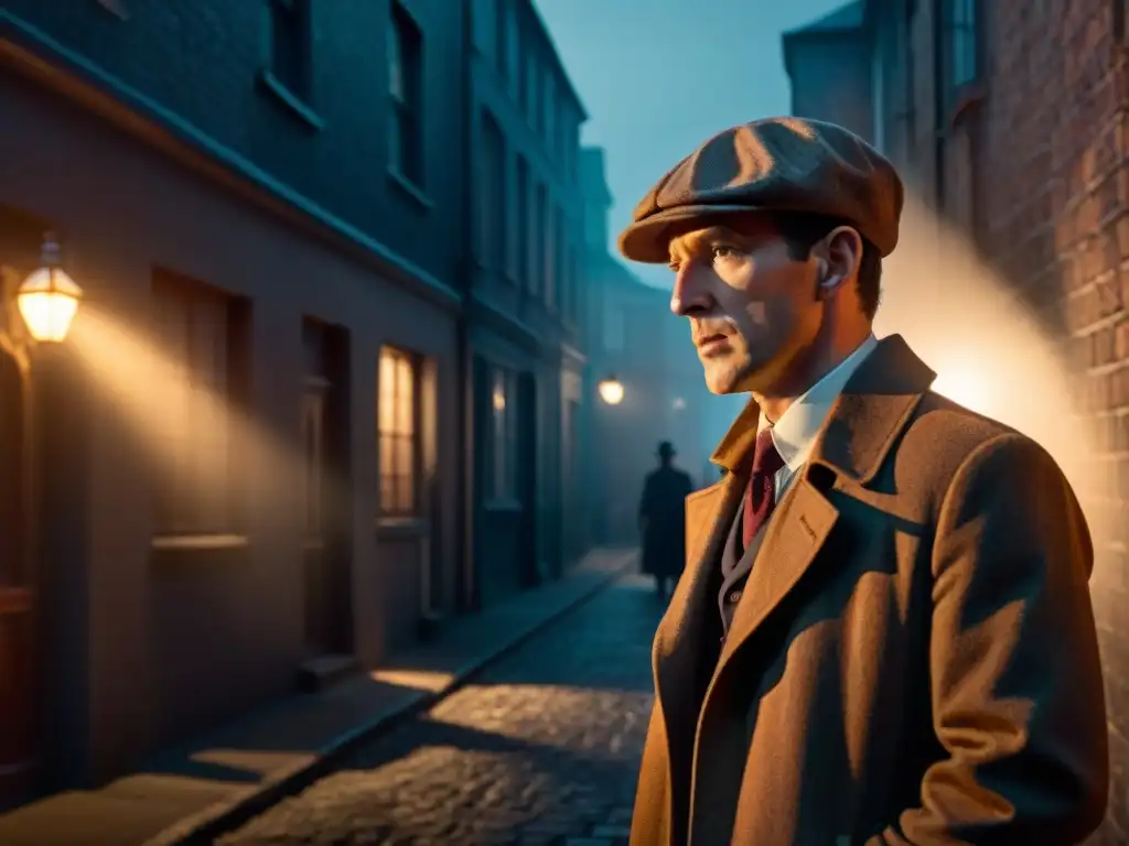 Silueta misteriosa de Sherlock Holmes en un callejón oscuro de noche, bajo la luz de una farola