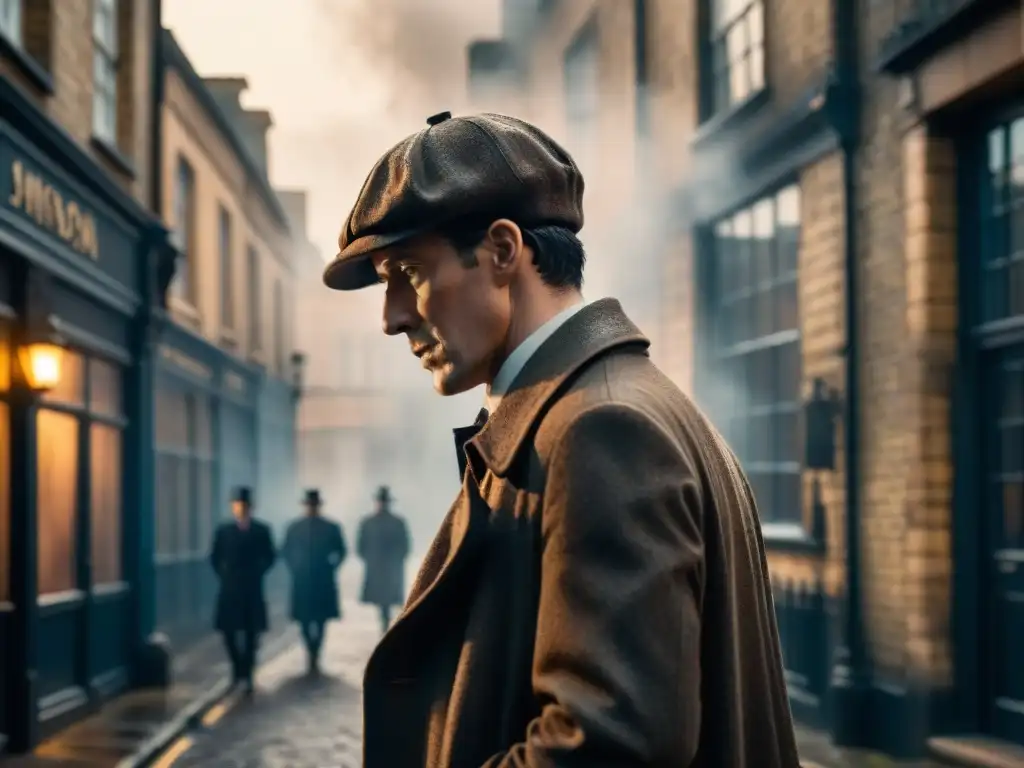 Silueta misteriosa de Sherlock Holmes en un callejón oscuro de Londres, con humo y su icónico sombrero, en una atmósfera de Film Noir