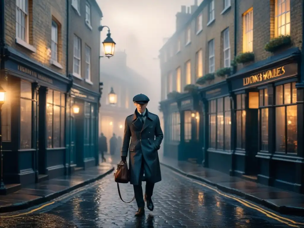 Silueta de Sherlock Holmes en la niebla de una calle londinense, evocando misterio y suspense