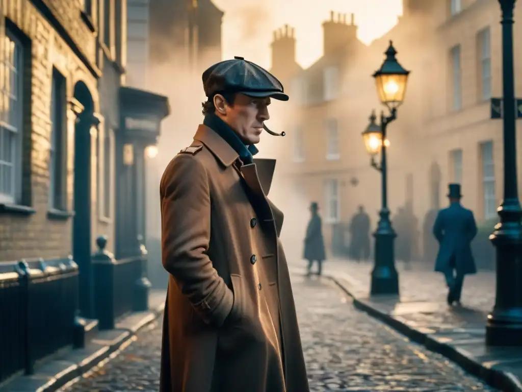 Silueta de Sherlock Holmes en la niebla de una calle de Londres, con sombrero y lupa, evocando el misterio