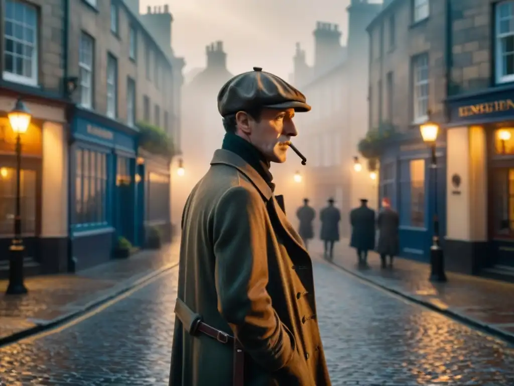 Silueta de Sherlock Holmes en la niebla escocesa con su sombrero y pipa, creando atmósfera detectives en cine y televisión Escocia