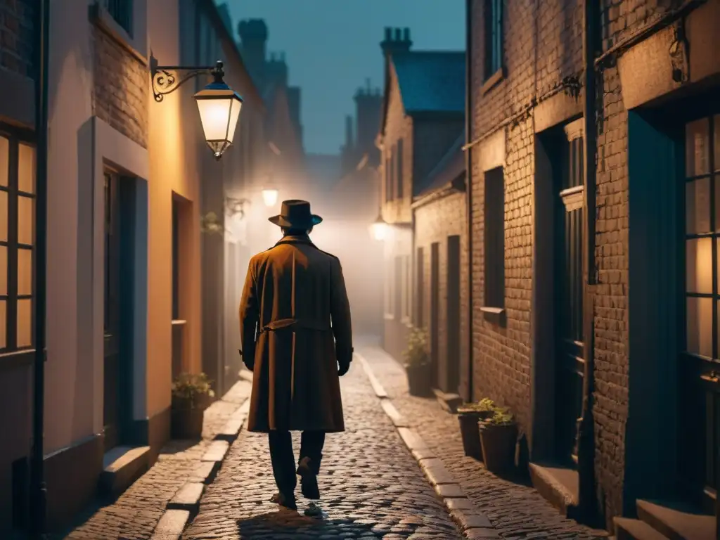 Silueta siniestra en callejón oscuro iluminado por farola, evocando el cine de Edgar Allan Poe y suspenso