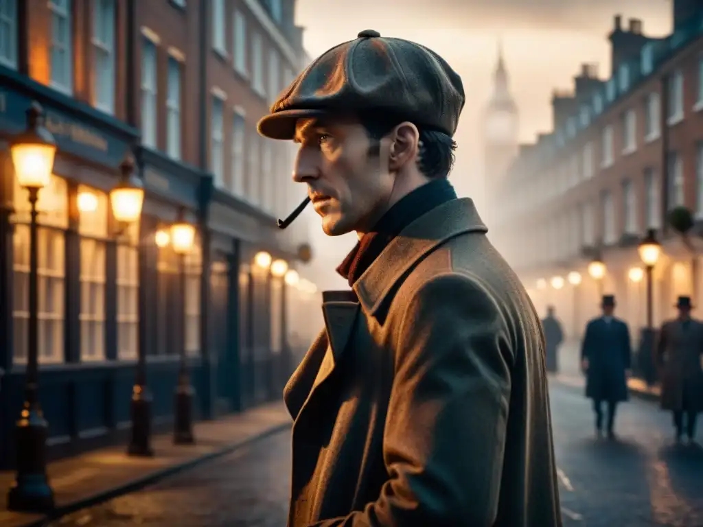 Silueta de Sherlock Holmes con su sombrero y pipa, en las neblinosas calles de Londres