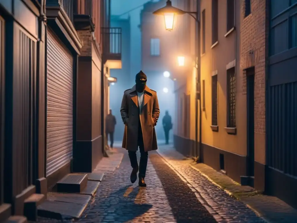 Siluetas en un callejón oscuro de la ciudad, bajo la luz tenue de una farola