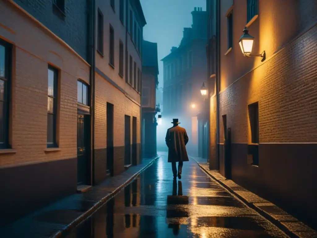 Alleyway nocturno: misterio y suspense en la ciudad Dos siluetas en un callejón oscuro iluminado por una tenue farola