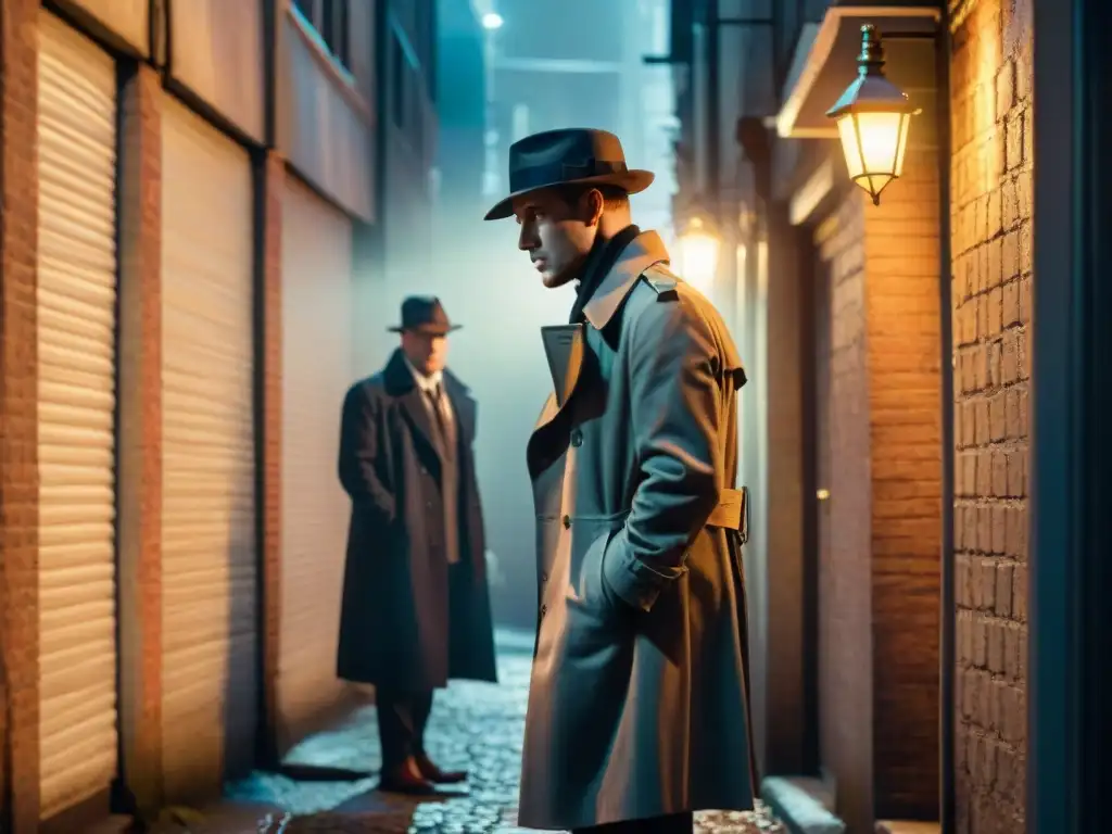 Siluetas de detectives en un callejón oscuro al estilo vintage noir, evocando la esencia de Origen y evolución detectives Endeavour