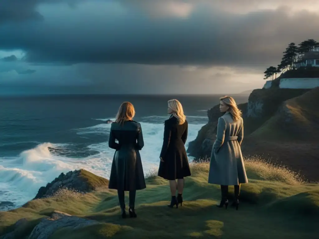 Siluetas de mujeres en acantilado, mirando al océano tormentoso al atardecer