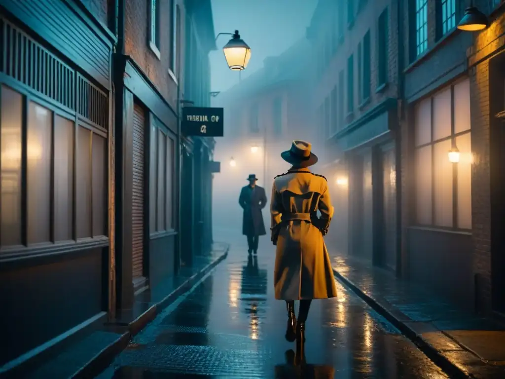 Dos siluetas en la neblina de un callejón oscuro, bajo la luz de farola