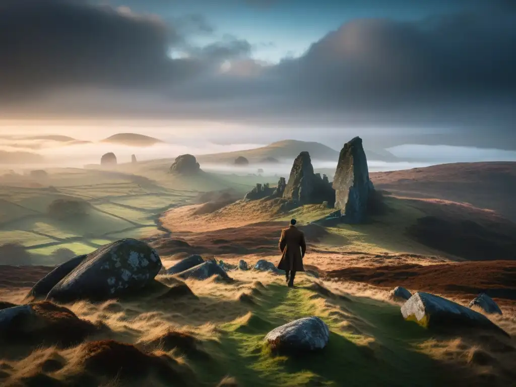 Siluetas de antiguos tors de piedra en Dartmoor, con un siniestro perro emergiendo de la niebla