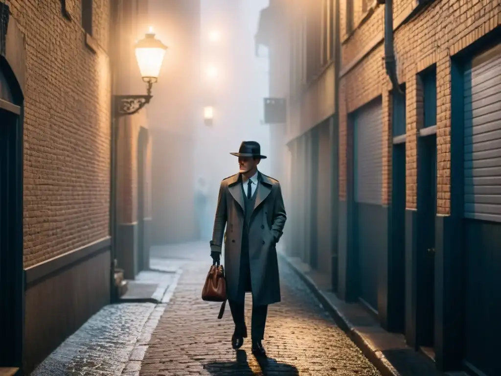 Siniestro callejón iluminado por farola en la lluvia, figuras misteriosas acechan