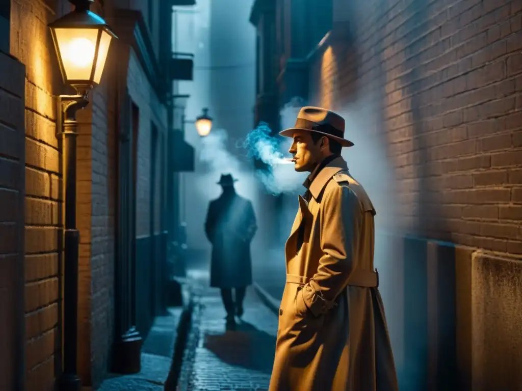 En una solitaria callejuela en blanco y negro, un detective bajo una farola titilante fuma un cigarrillo