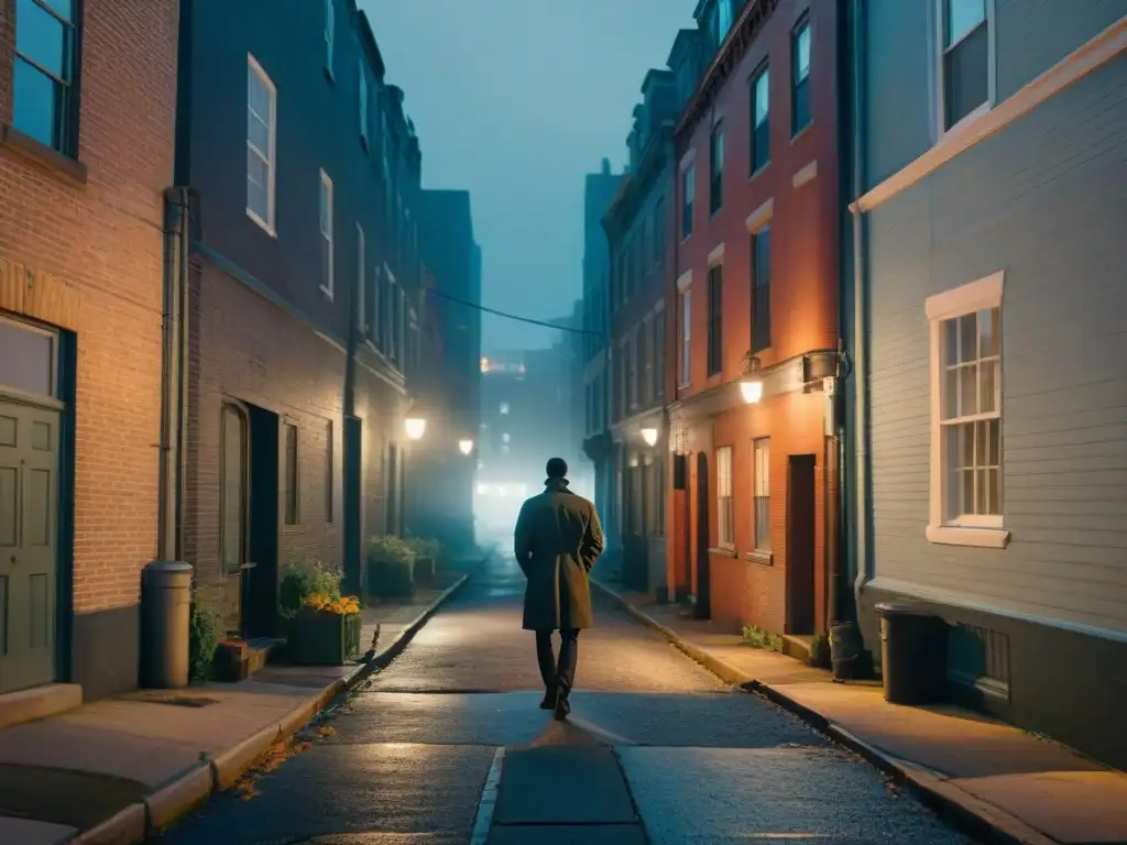 En una solitaria callejuela de Baltimore de noche, una figura bajo la luz de una farola titilante, creando sombras largas en el húmedo pavimento