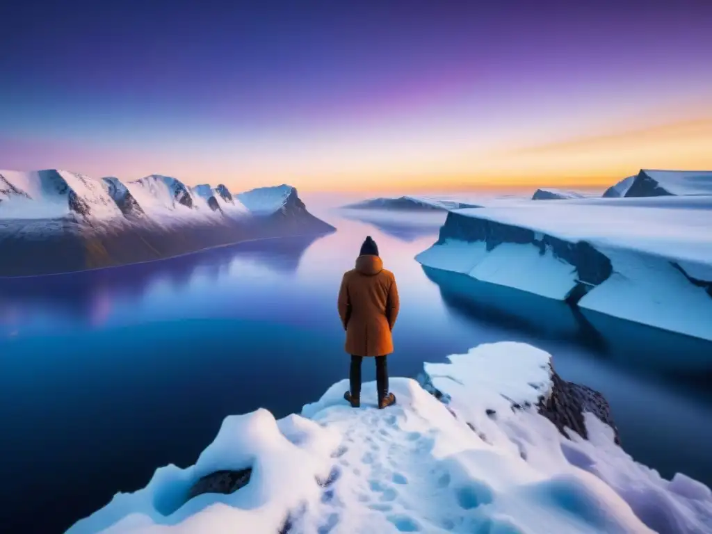 Un solitario figura en un acantilado nevado, contemplando un fiordo congelado al atardecer