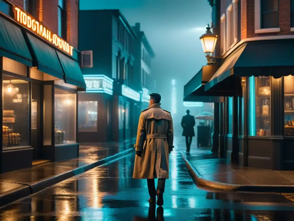 Un solitario caminante bajo la luz de la calle en la lluvia, evocando el ambiente clásico del Cine Noir Siglo XXI