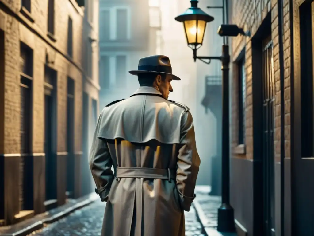 Un solitario detective en un callejón oscuro, bajo la luz de un farol, en un estilo Film Noir