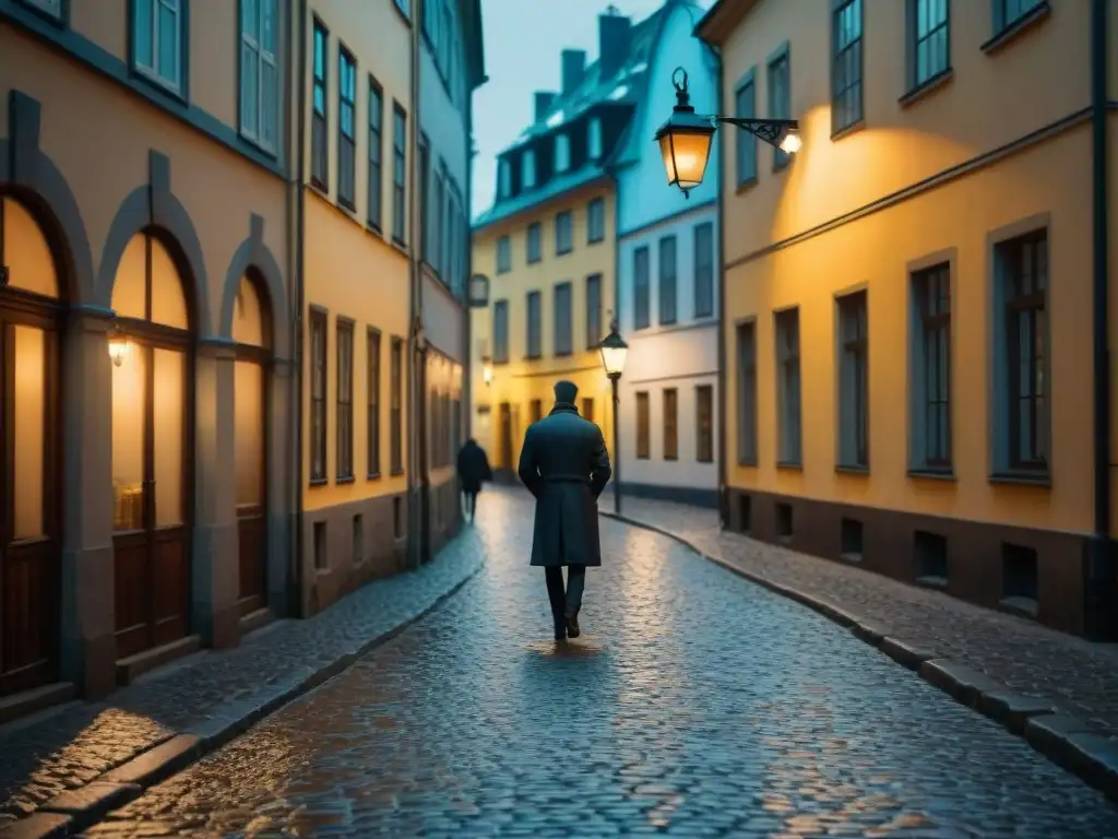 Un solitario figura bajo farola en calle lluviosa de Estocolmo, evocando thrillers escandinavos Trilogía Stieg Larsson