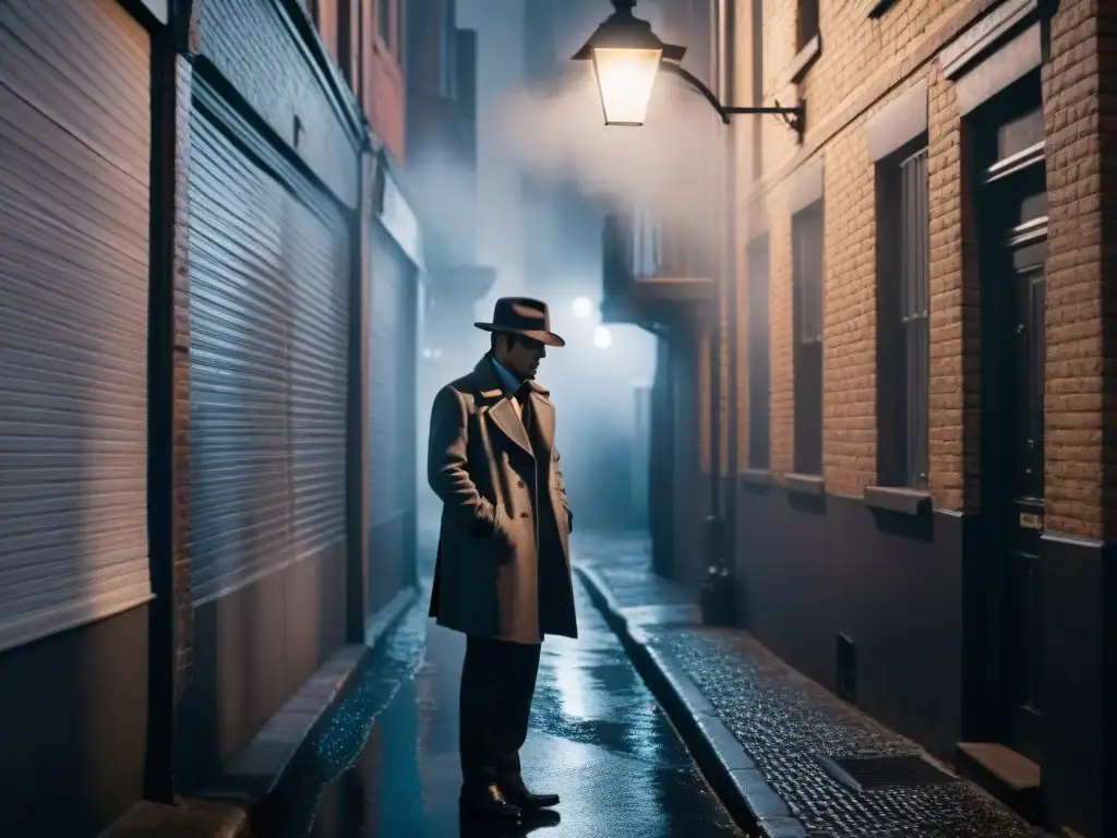 Sombra y misterio en un callejón noir con figura bajo farola, perfecto para películas detectives no lineales análisis