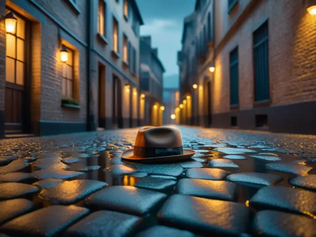 Un sombrero de detective vintage abandonado en un callejón oscuro, con una atmósfera de misterio de cine noir