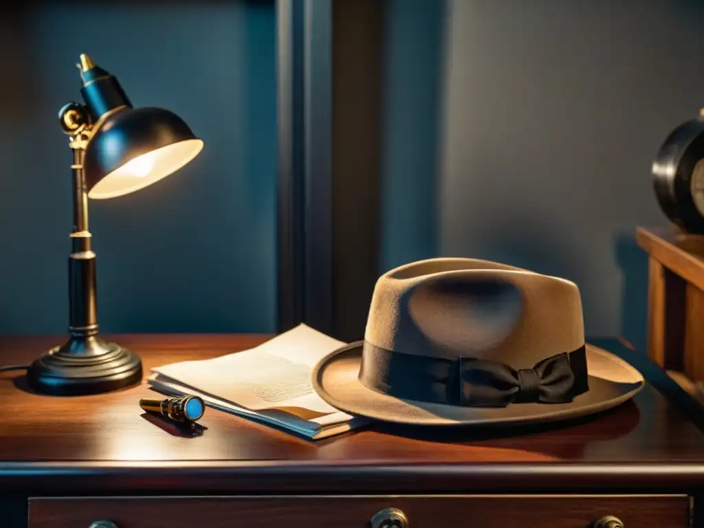 Un sombrero Fedora, símbolo del cine de detectives, reposa en un escritorio iluminado con herramientas de investigación dispersas en un ambiente noir