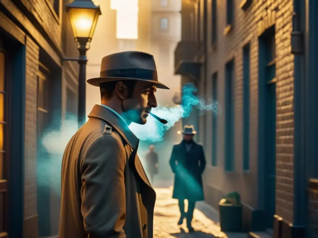 En las sombrías callejuelas de una bulliciosa ciudad, un detective con gabardina y sombrero, iluminado por una farola titilante