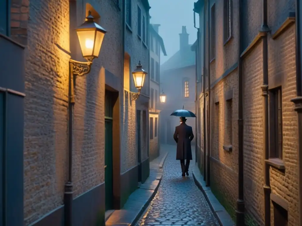 Un sombrío callejón nocturno, iluminado por la luz tenue de una farola