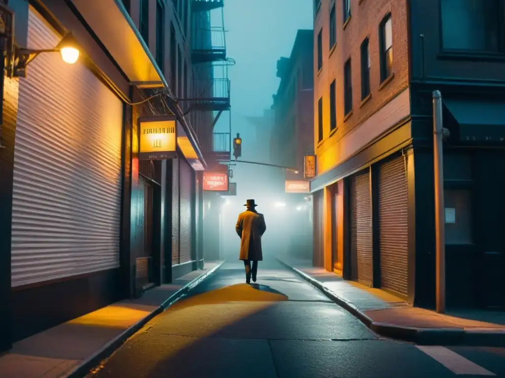 Alley sombrío en Nueva York con luz tenue, reflejos neon de tiendas cercanas, evocando detectives icónicos en cine