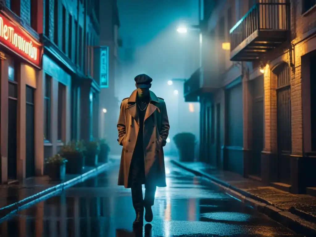 Bajo la tenue luz de la lluvia, un antihéroe en trench fuma en un callejón, reflejando la estética de detectives de cine