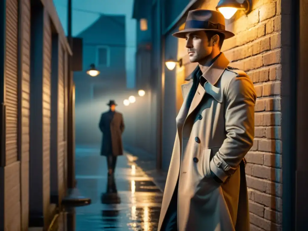 Tétrico callejón nocturno con figura misteriosa bajo farola, evocando técnicas de resolución de misterios