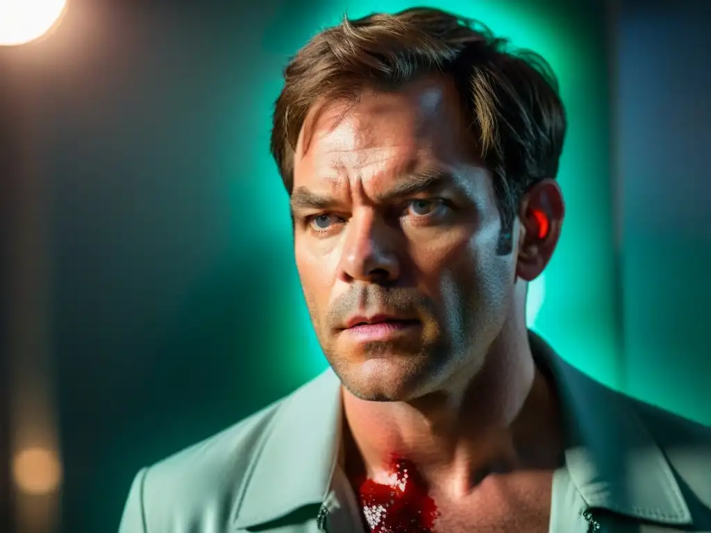 El texto ALT es: 'Retrato en close-up de Dexter, con mirada intensa y reflejo de sangre, evocando el género cine televisión'