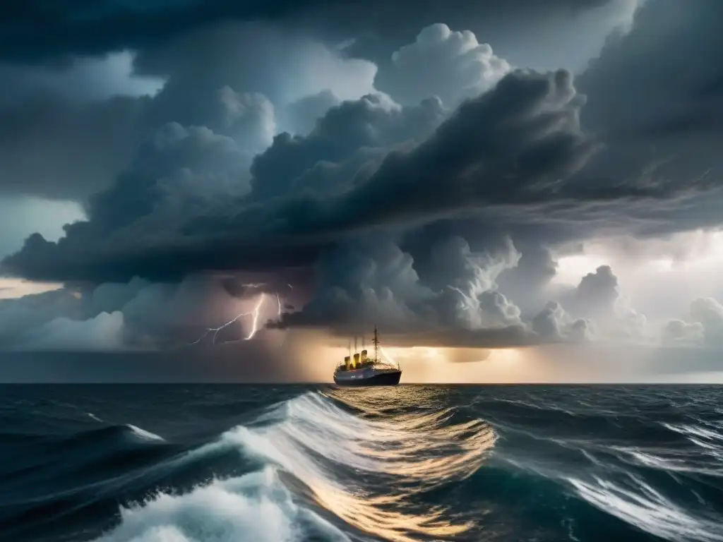 En una tormentosa noche en alta mar, un barco solitario iluminado por relámpagos