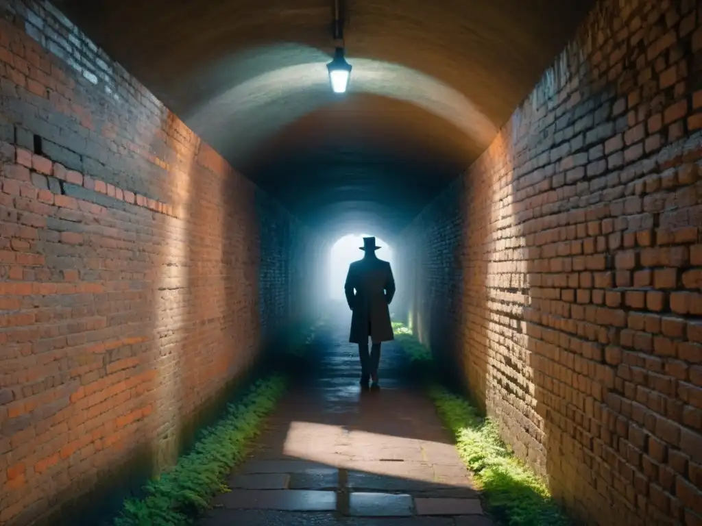 Un túnel oscuro y húmedo con una débil luz al final, proyectando largas sombras